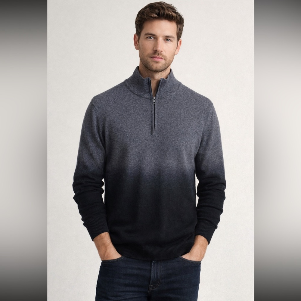 Bugatchi 1/4 Zip Merino Wool Sweater Men Large Black Grey Lightweight Preppy